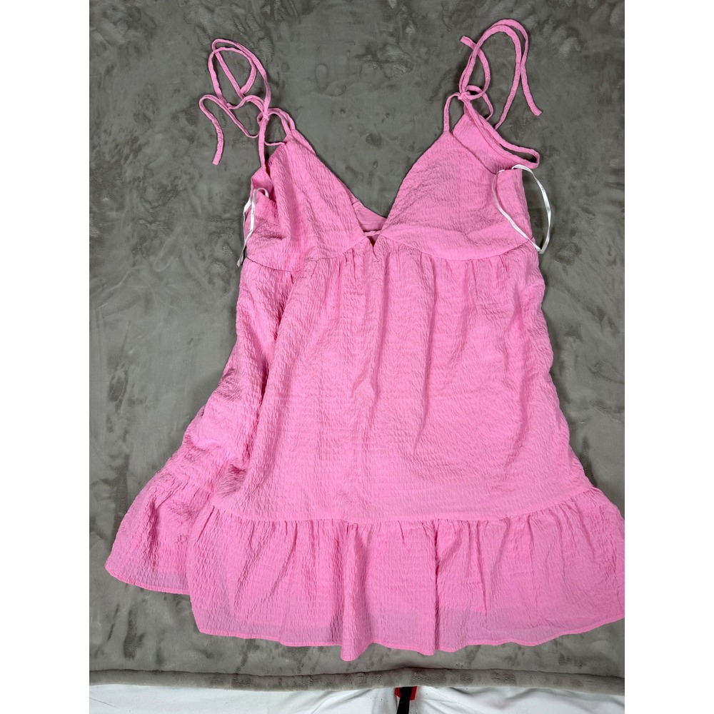 Lulus Pink Textured Tie Strap Ruffle Hem Mini Dress Pockets Medium NWOT